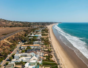 Luxury beachfront properties in malibu, california, drone view.