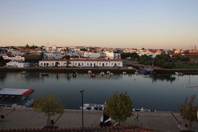 High angle view of river by buildings against clear sky