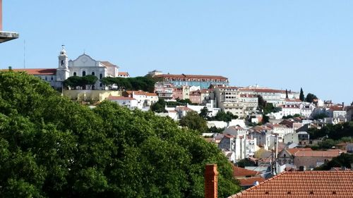 Houses in town against clear sky