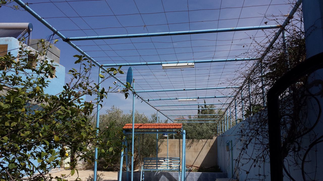 built structure, architecture, building exterior, tree, cable, growth, clear sky, power supply, sky, power line, day, engineering, office building, chainlink fence, blue, modern, outdoors, messy, development, no people, green color