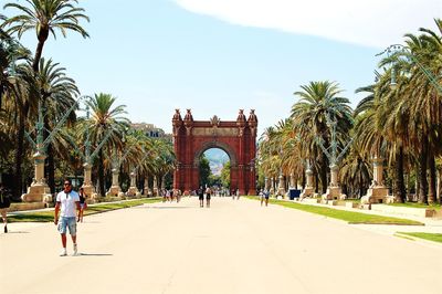 People walking in front of palm trees against sky