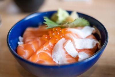 Close-up of fish served in bowl on table