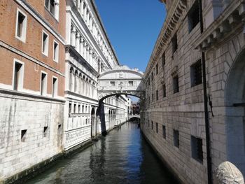 Canal amidst buildings against clear sky