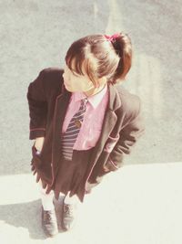 High angle view of cute girl wearing hat