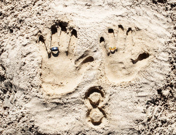 High angle view of footprints on sand