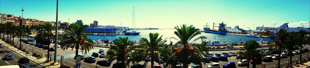 Boats moored at harbor