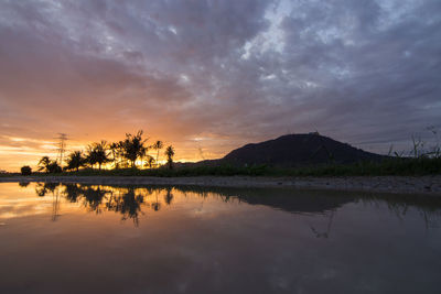 Scenic view of lake against sky at sunset