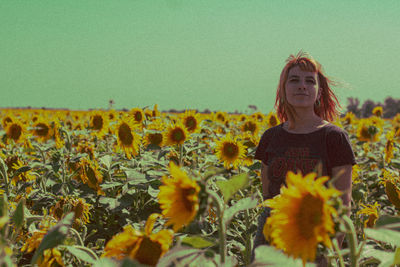 Woman standing on sunflower land against sky
