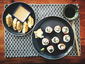 High angle view of sushi in plate on table