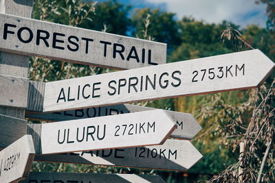 Low angle view of information signs against trees