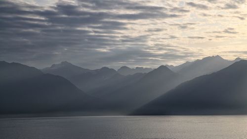 Scenic view of mountains against sky during sunset