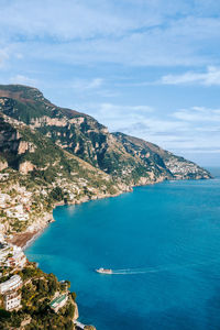 Scenic view of sea and mountains against sky