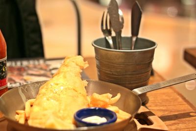 Close-up of serving food in cooking pan