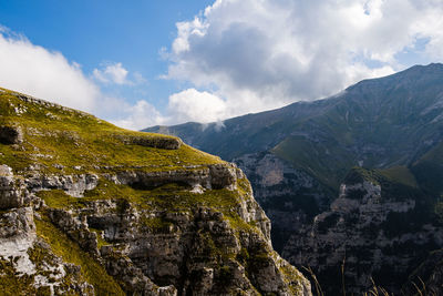 Scenic view of mountains against sky in montefortino, marche italy