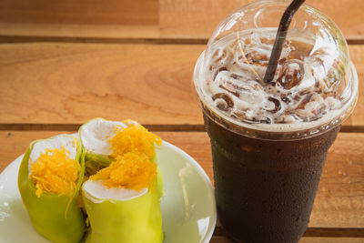 Close-up of iced coffee with ice cream on table