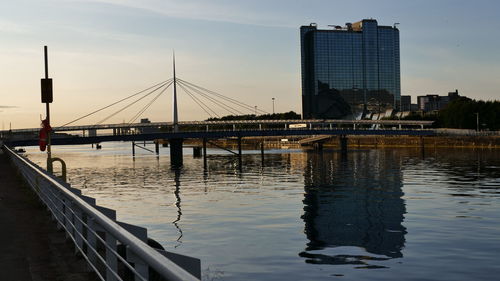 Bridge over river by buildings against sky in city