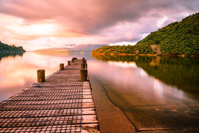 Scenic view of lake against sky during sunset