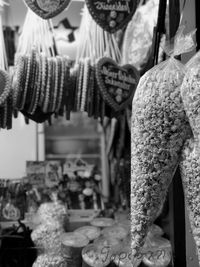 Close-up of clothes hanging at store