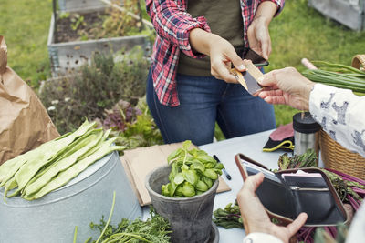 Female customer handing over credit card to woman at vegetable garden