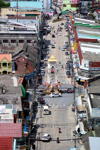 High angle view of city street and buildings