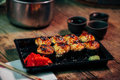 High angle view of meat in plate on table