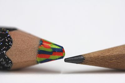 Close-up of multi colored pencils over white background