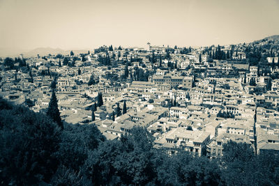 High angle view of townscape against clear sky