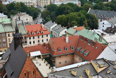 High angle view of houses in city