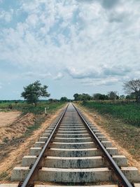 Railroad tracks on field against sky