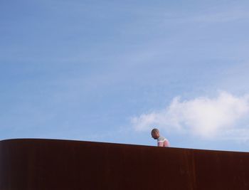 Low angle view of bird perching on building against sky