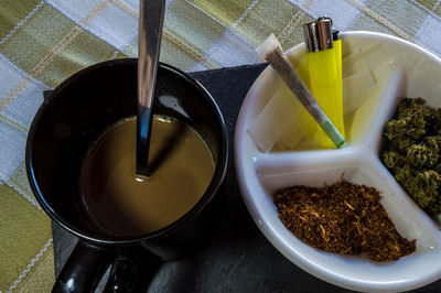 High angle view of drink on table
