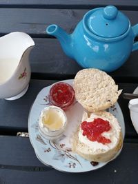 High angle view of breakfast on table