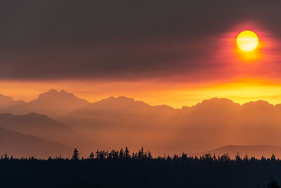 Scenic view of silhouette mountains against orange sky