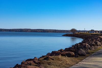 Scenic view of sea against clear blue sky