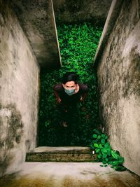 High angle portrait of man wearing mask standing on green land amidst wall