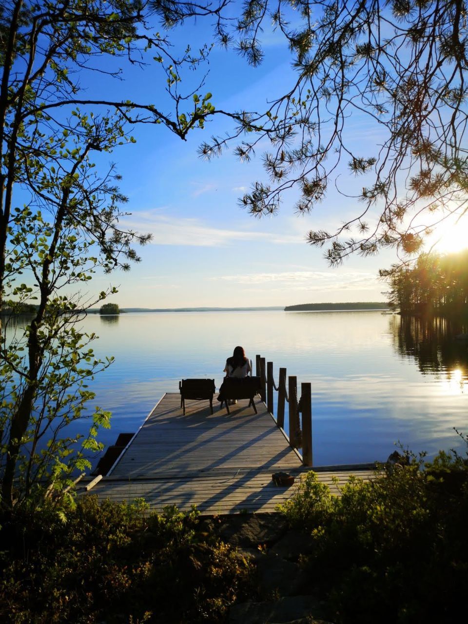 water, tree, sky, nature, plant, beauty in nature, reflection, tranquility, morning, lake, scenics - nature, tranquil scene, sunlight, relaxation, beach, idyllic, vacation, leisure activity, sitting, trip, holiday, outdoors, men, two people, adult, sun, pier, women, land, lifestyles, silhouette, non-urban scene, travel, travel destinations, dusk, cloud, day, togetherness, jetty, wood, rear view, branch, environment, landscape, architecture, bench