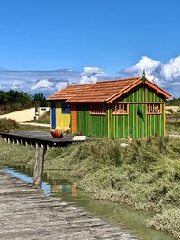 House by lake against sky