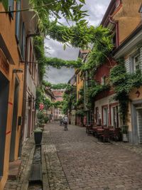 Man walking on street in city against sky