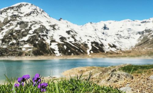 Scenic view of lake and snowcapped mountains against sky