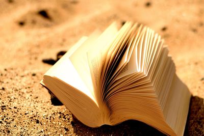 Close-up of open book on sand
