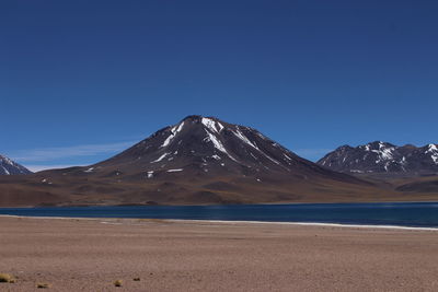 Scenic view of snowcapped mountains against clear blue sky