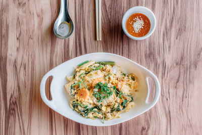 High angle view of meal served on table