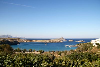 Scenic view of sea against clear blue sky