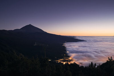Landscape with volcano pico de teide above clouds at beautiful dusk. 