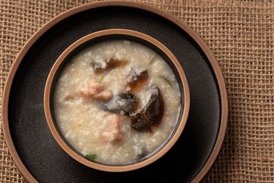 High angle view of soup in bowl