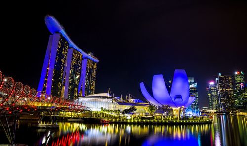 Illuminated modern buildings in city at night