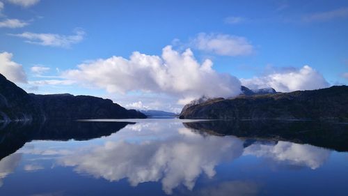Panoramic view of lake and mountains against sky