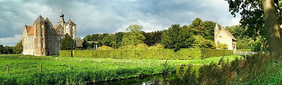 Trees on field against cloudy sky