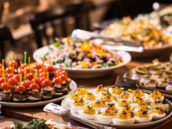 Close-up of food served on table