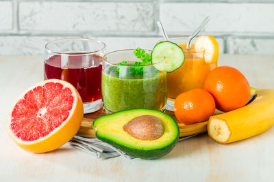 Close-up of fruits in glass on table